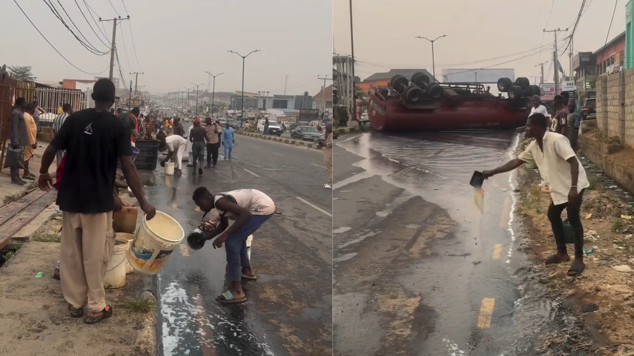 Residents Caught Scooping Diesel from Fallen Tanker in Ibadan