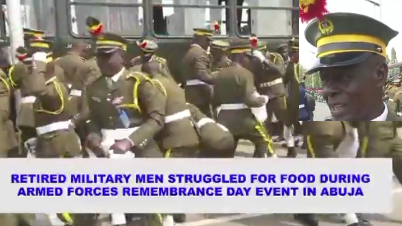 Retired Nigerian Army Personnel Seen Struggling for Food at Armed Forces Remembrance Day Event in Abuja