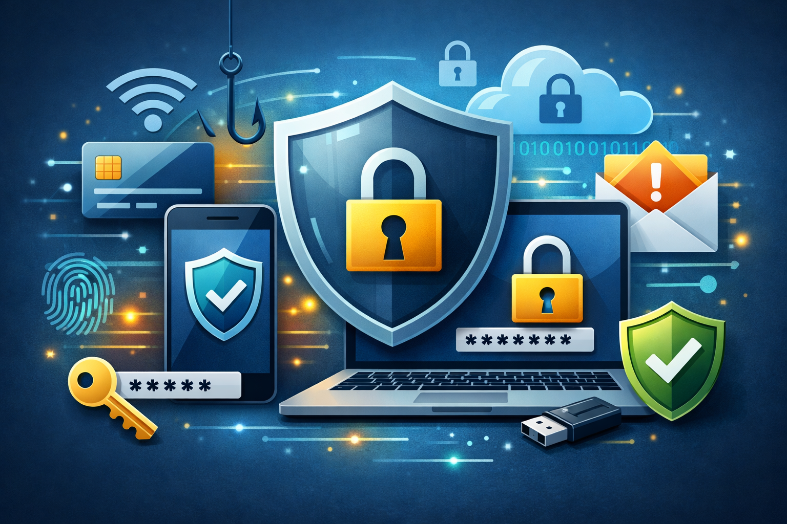 Digital illustration showing a person securing personal data online with a laptop, shield icons, and padlocks, symbolizing cybersecurity, privacy protection, and safe internet practices.