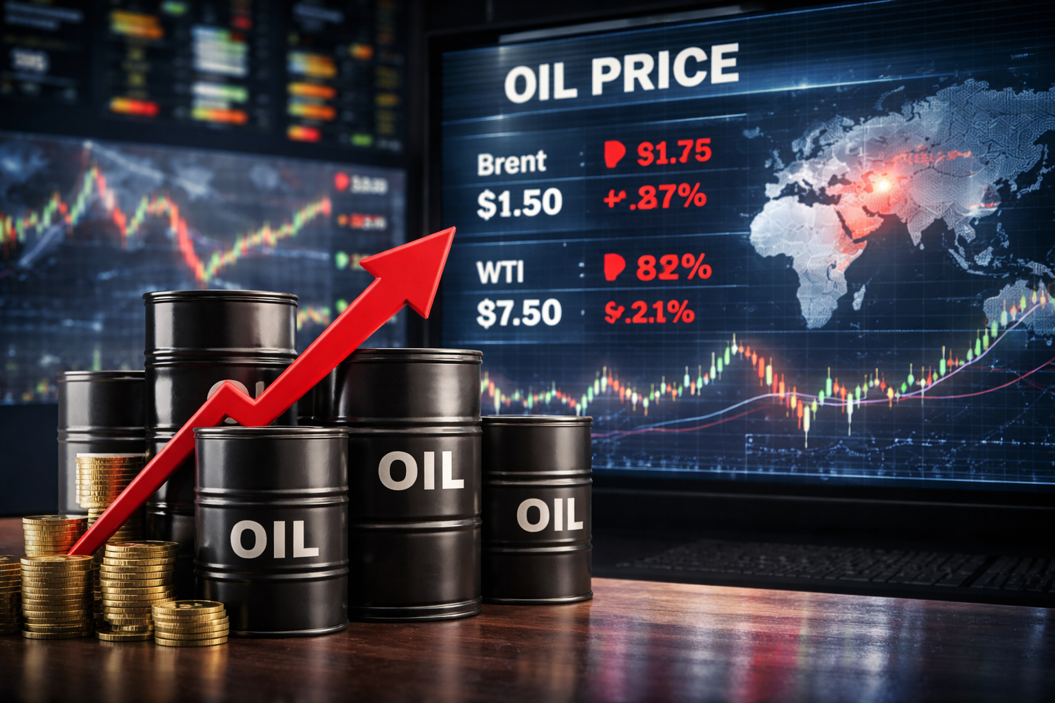 Global oil market reacts to rising Middle East tensions, traders monitoring oil prices on digital screens
