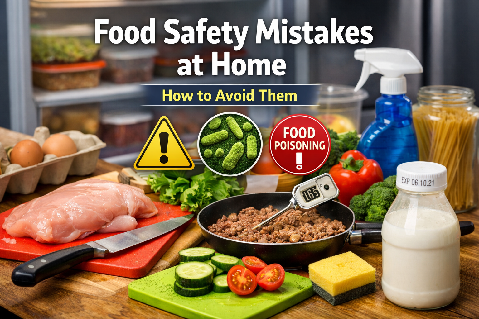 Raw meat, cooked food, milk and knife in a kitchen sink showing cross-contamination risk