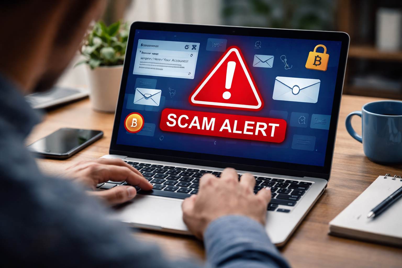 Laptop screen showing phishing email warnings and security lock symbol representing online scam prevention