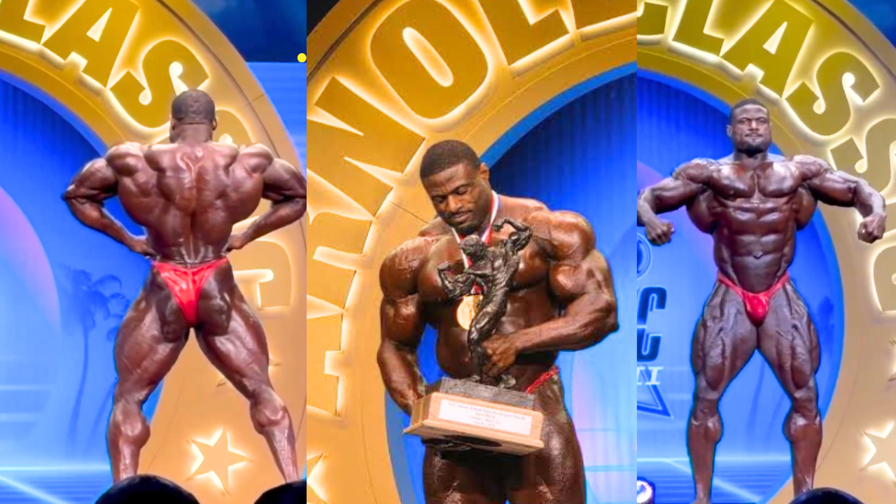 Andrew Jacked holding the Arnold Classic trophy, celebrating his 2026 Men’s Open victory