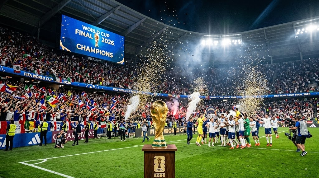2026 FIFA World Cup final stadium scene with trophy and celebrating football players