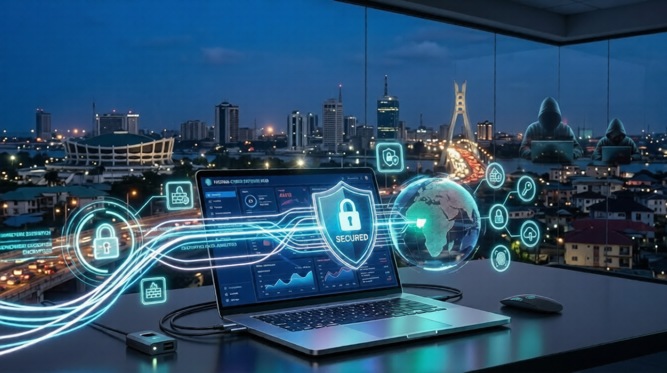 Cybersecurity protection concept with laptop, padlocks, and encrypted data streams over Nigerian city background.
