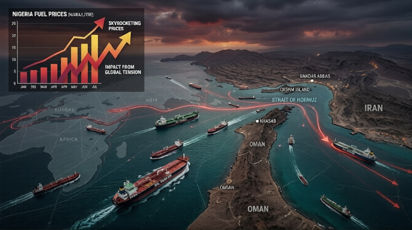 Aerial view of the Strait of Hormuz with oil tankers, illustrating how global oil routes affect Nigeria’s petrol prices