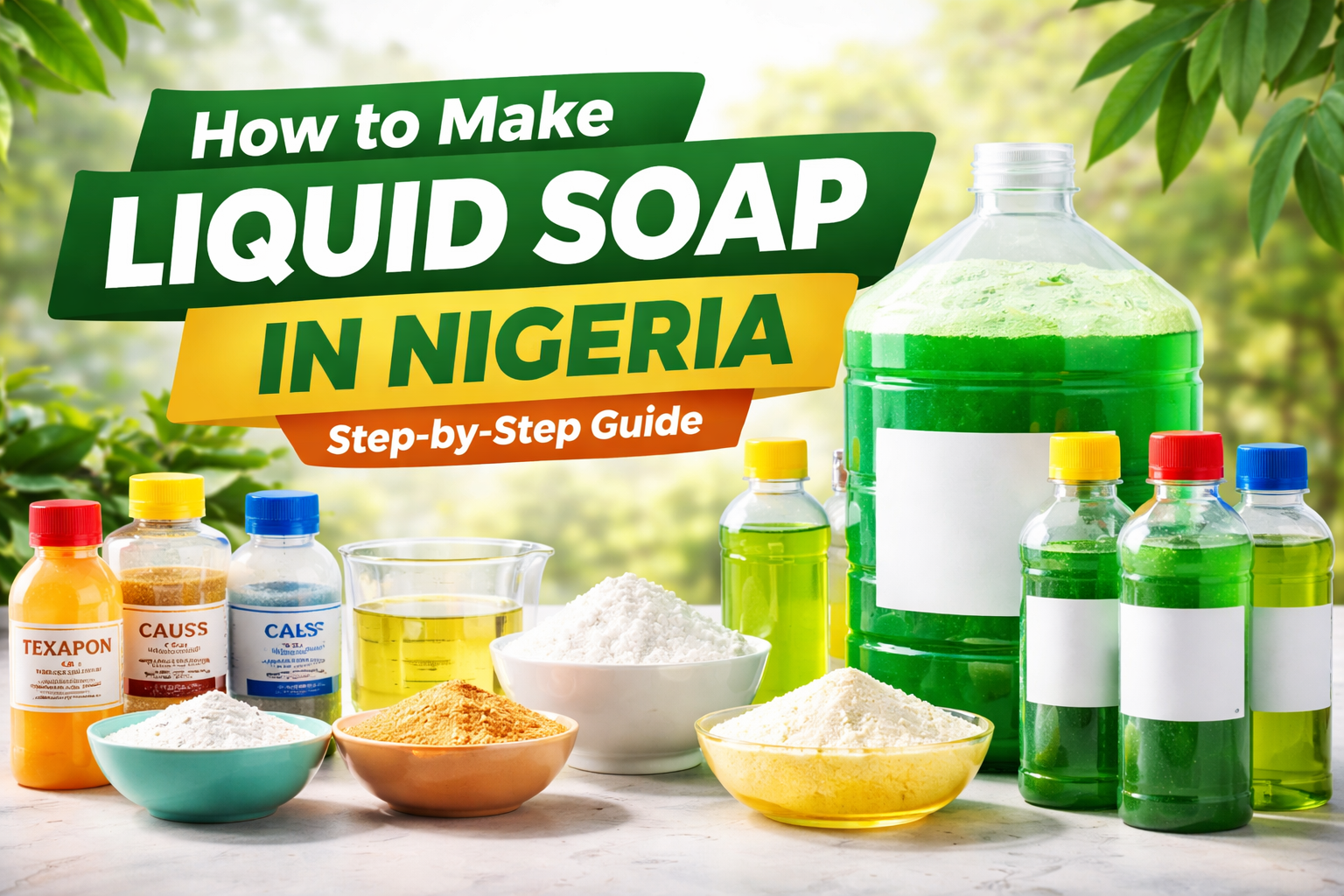 Bowl of liquid detergent being stirred, surrounded by soap-making ingredients like Sulphonic Acid, Texapon, Nitrosol, and SLS on a clean counter.