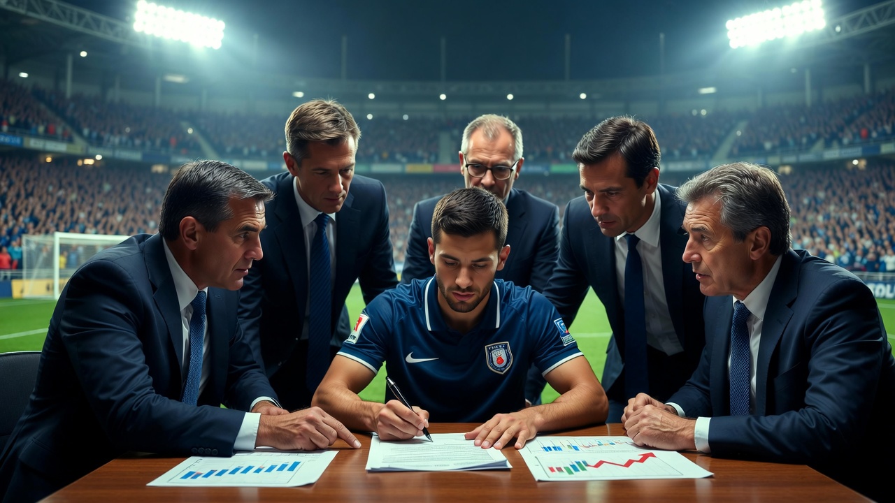 Football player signing a contract during a transfer deal in 2026