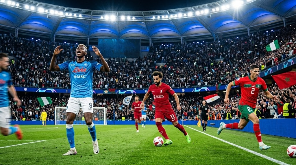 Top African footballers dominating European leagues in 2026 including Victor Osimhen, Mohamed Salah, and Achraf Hakimi