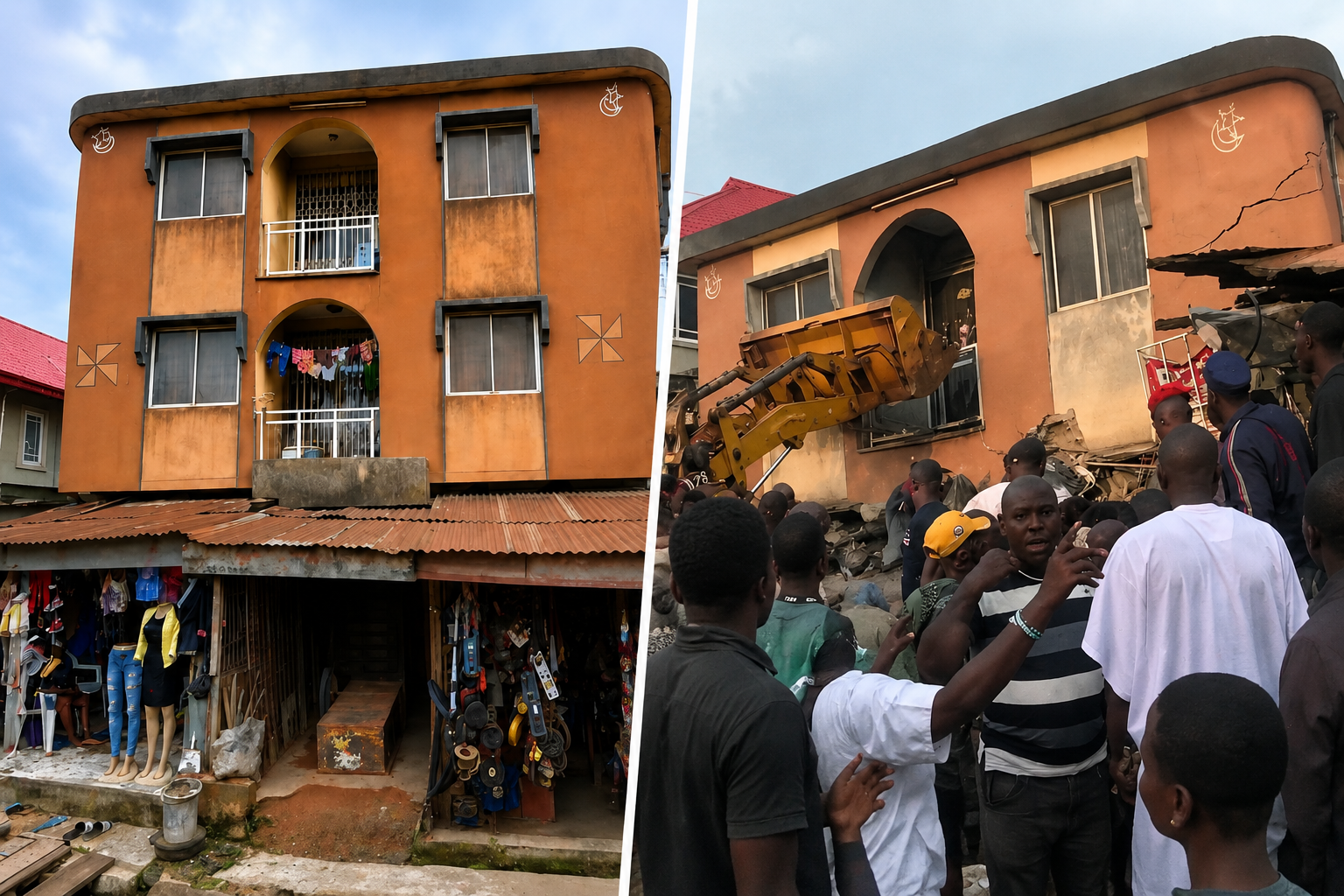 Before-and-after collage showing the two-storey building before its collapse and rescue workers at the scene in Ajuwon, Ogun State.