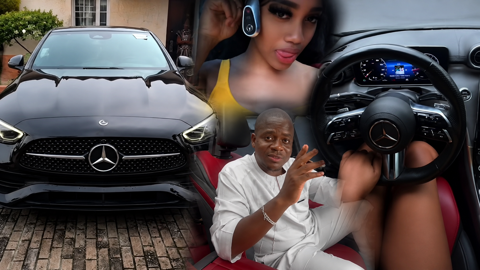 Barbie Nelly inside a Mercedes-Benz C300 alongside images of the car and a Port Harcourt car dealer discussing the alleged vehicle purchase.
