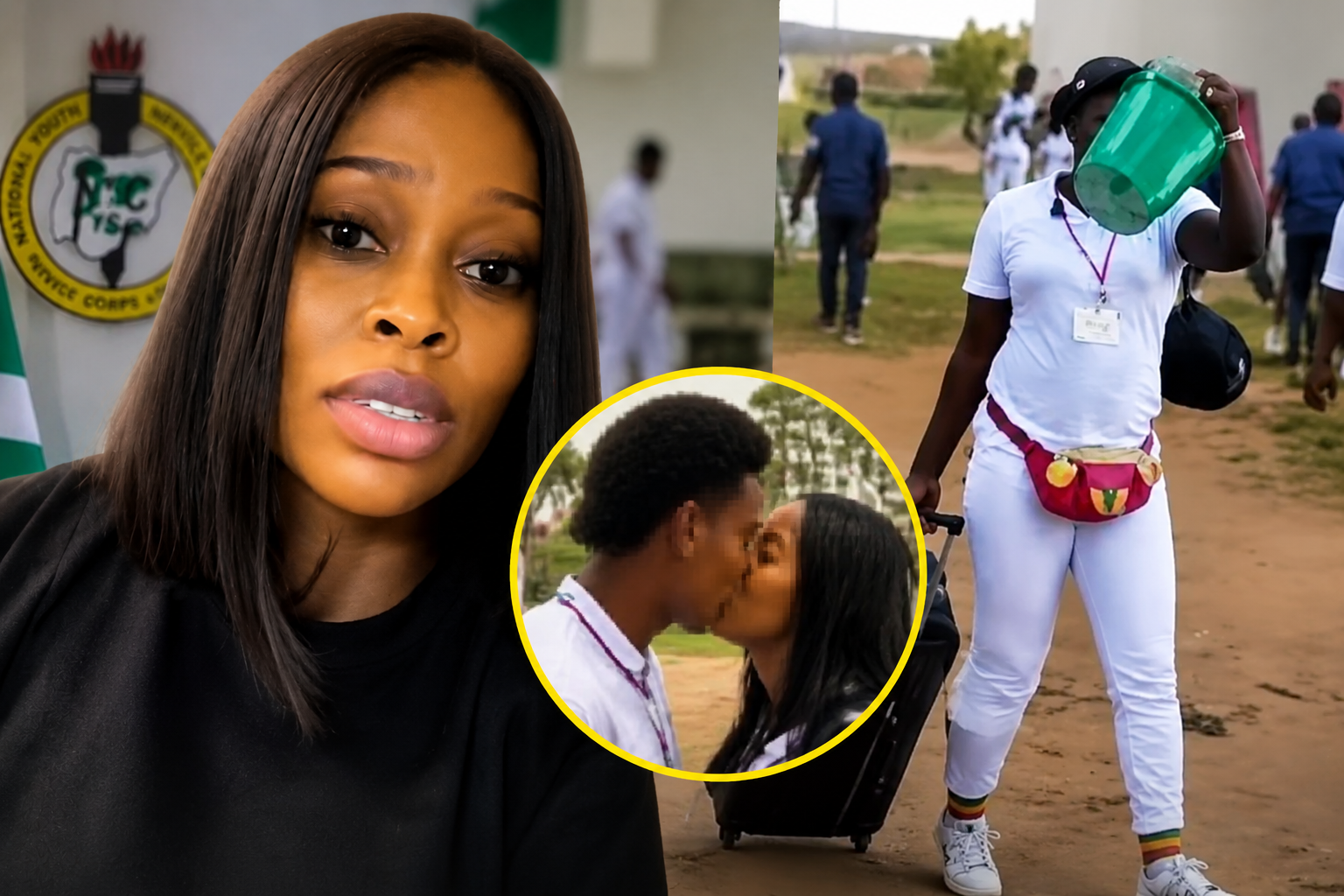 A Nigerian woman featured alongside an NYSC orientation camp scene and an inset image depicting an alleged AI-manipulated intimate video used against her.