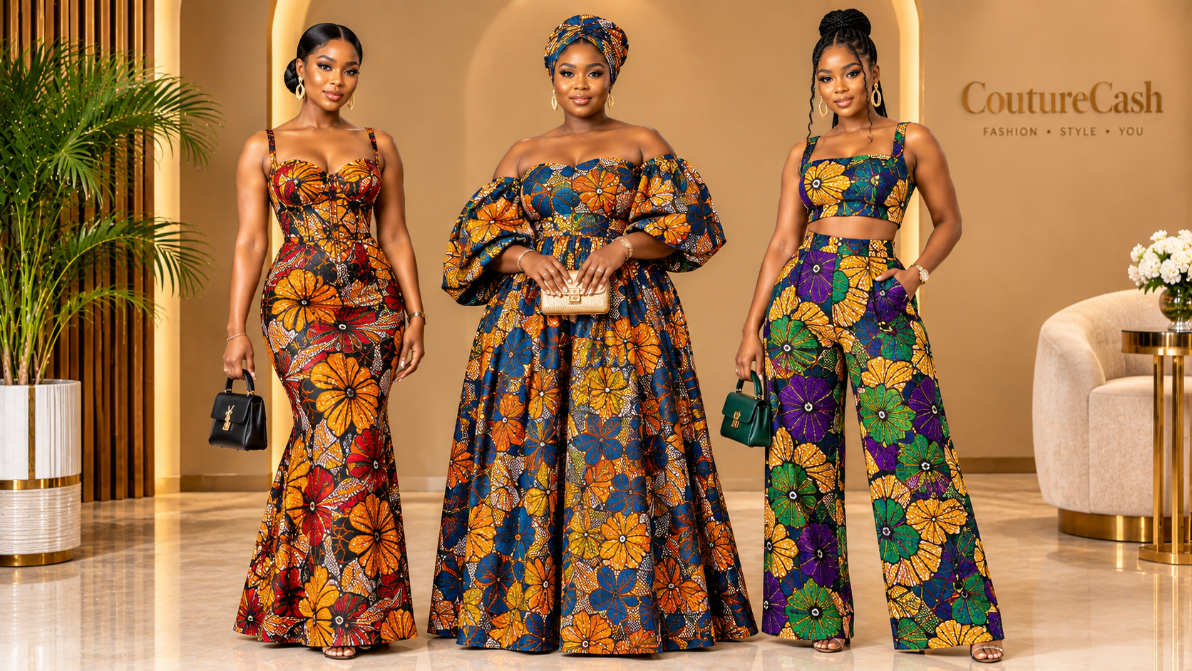 Collage of Ankara styles including corset dress, off-shoulder gown, and two-piece set for 2026