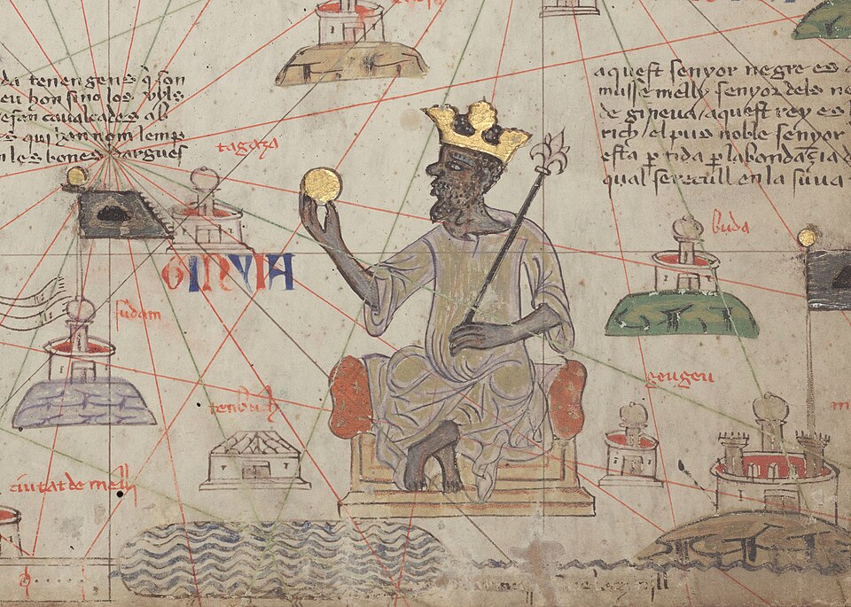 Mansa Musa depicted on the Catalan Atlas of 1375, holding a gold nugget